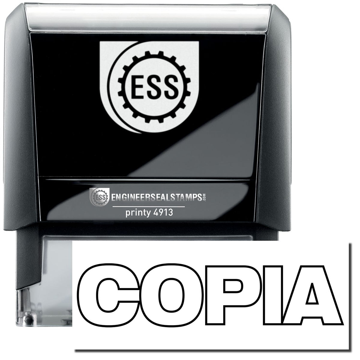 A self-inking stamp with a stamped image showing how the text &quot;COPIA&quot; in a large outline style is displayed by it after stamping.