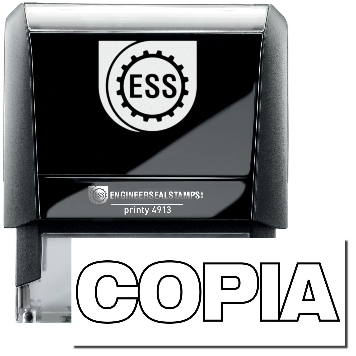 A self-inking stamp with a stamped image showing how the text "COPIA" in a large outline style is displayed by it after stamping.