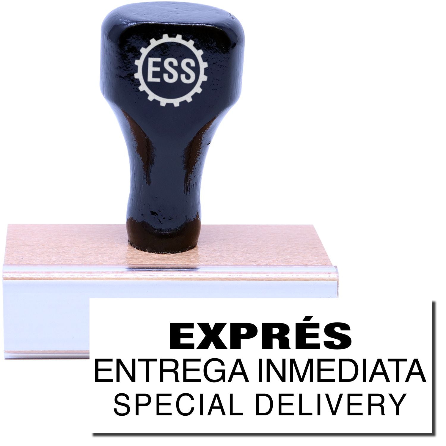 A stock office rubber stamp with a stamped image showing how the text EXPRES ENTREGA INMEDIATA SPECIAL DELIVERY in a large font is displayed after stamping.