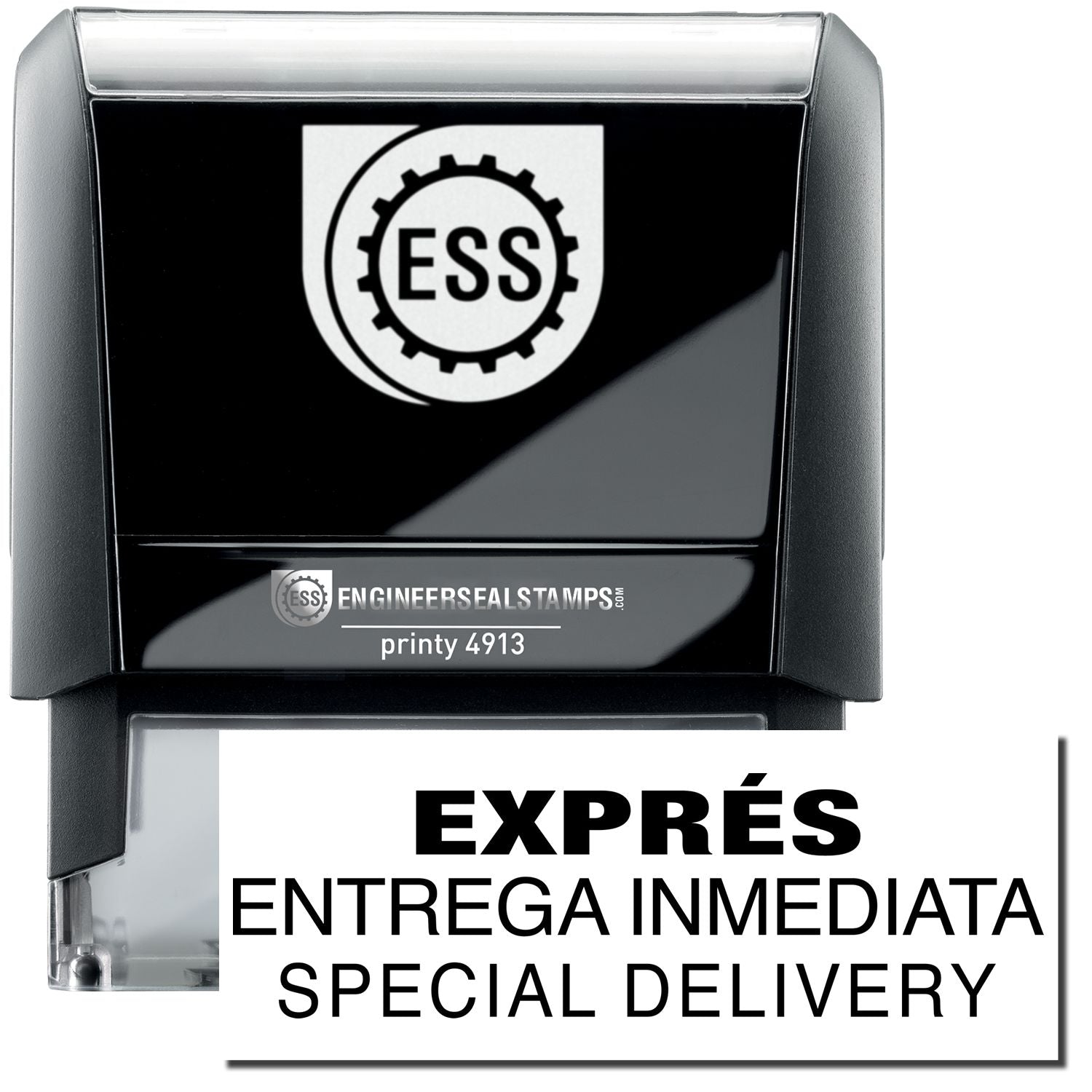 A self-inking stamp with a stamped image showing how the text "EXPRES ENTREGA INMEDIATA SPECIAL DELIVERY" in a large font is displayed by it after stamping.
