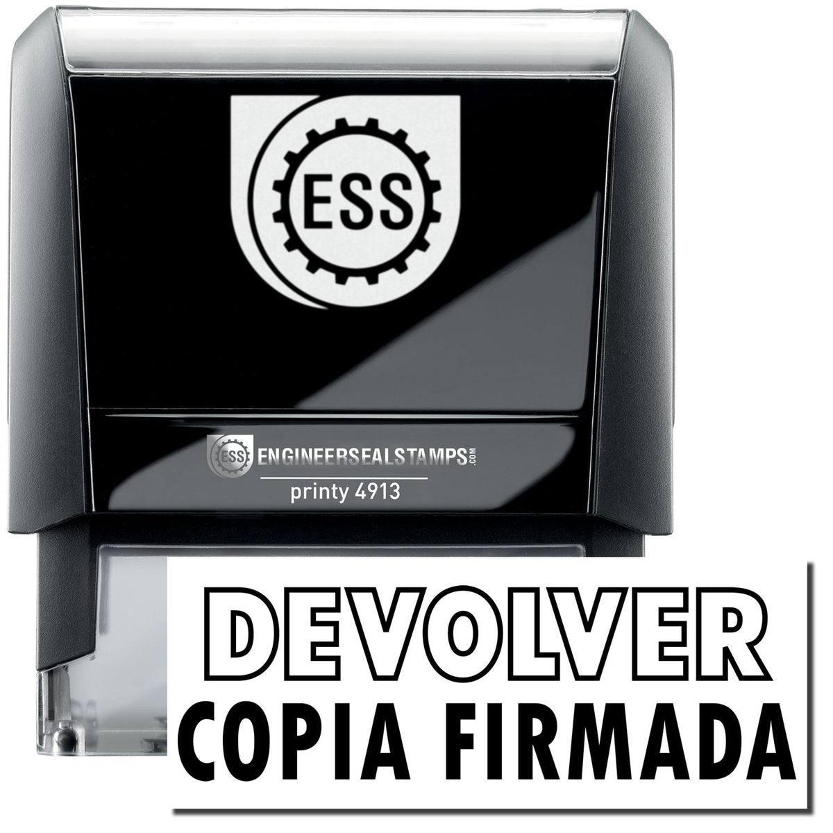 A self-inking stamp with a stamped image showing how the text &quot;DEVOLVER COPIA FIRMADA&quot; in a large font (&quot;DEVOLVER&quot; in outline style) is displayed by it after stamping.