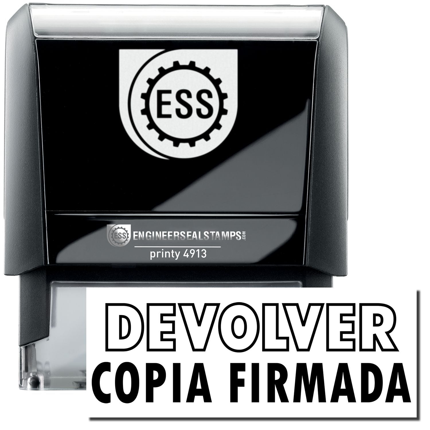 A self-inking stamp with a stamped image showing how the text "DEVOLVER COPIA FIRMADA" in a large font ("DEVOLVER" in outline style) is displayed by it after stamping.