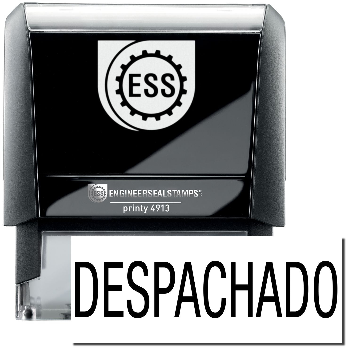 A self-inking stamp with a stamped image showing how the text "DESPACHADO" in a large font is displayed by it after stamping.