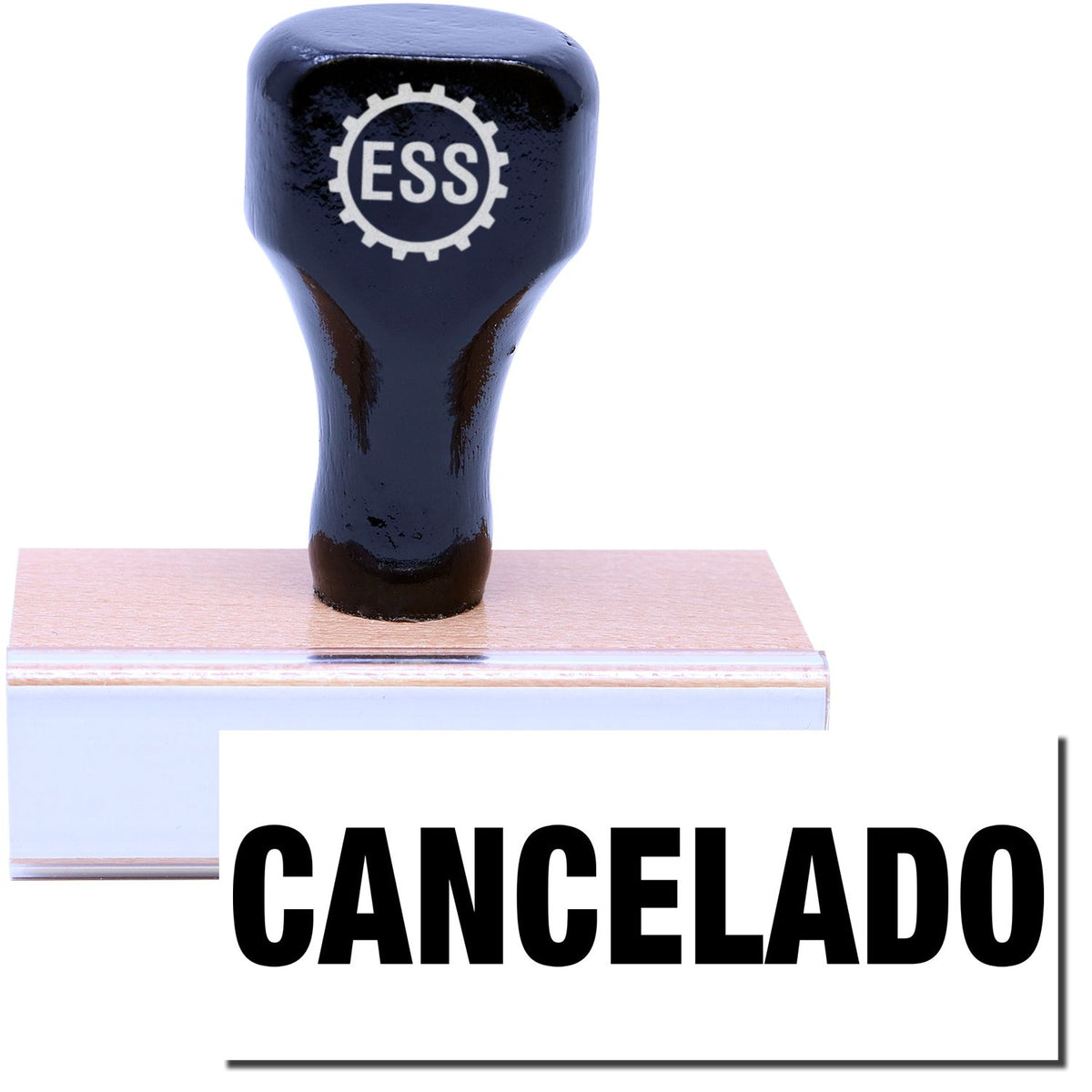 A stock office rubber stamp with a stamped image showing how the text &quot;CANCELADO&quot; in a large font is displayed after stamping.