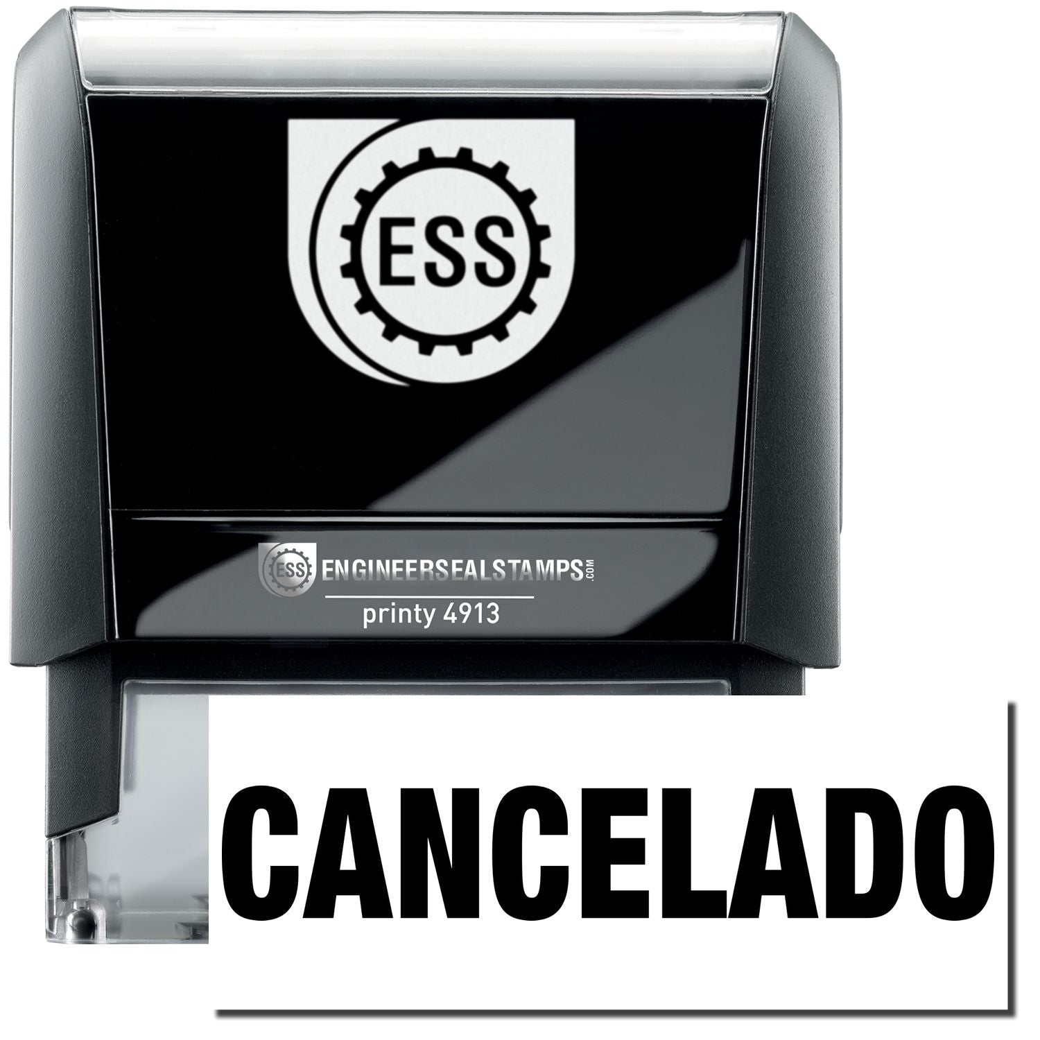 A self-inking stamp with a stamped image showing how the text CANCELADO in a large font is displayed by it after stamping.