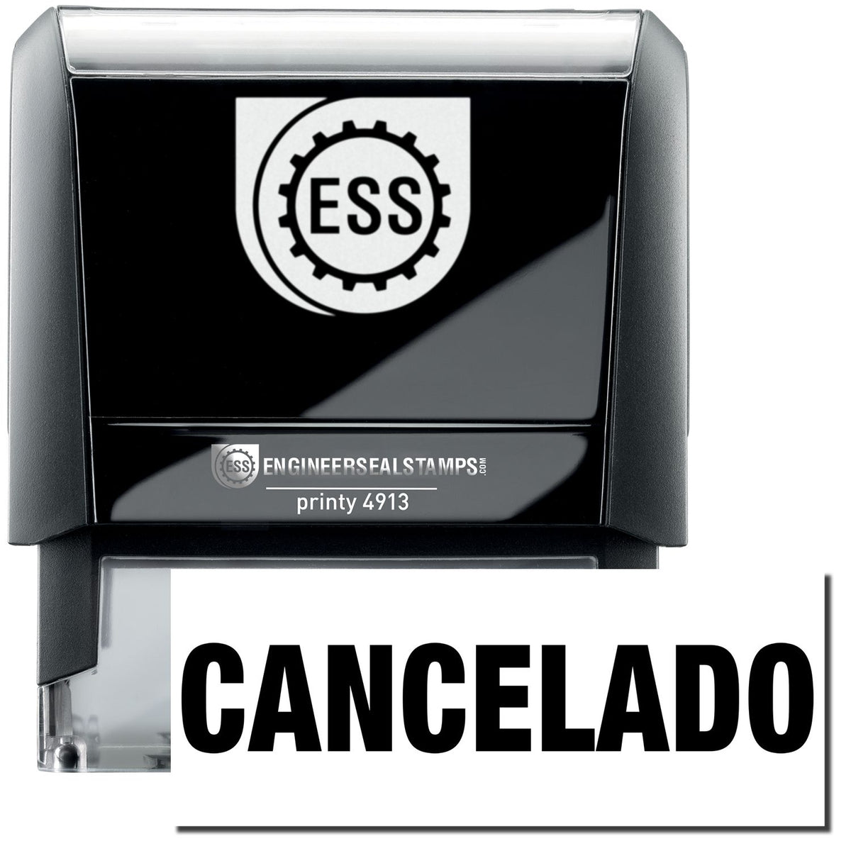 A self-inking stamp with a stamped image showing how the text &quot;CANCELADO&quot; in a large font is displayed by it after stamping.