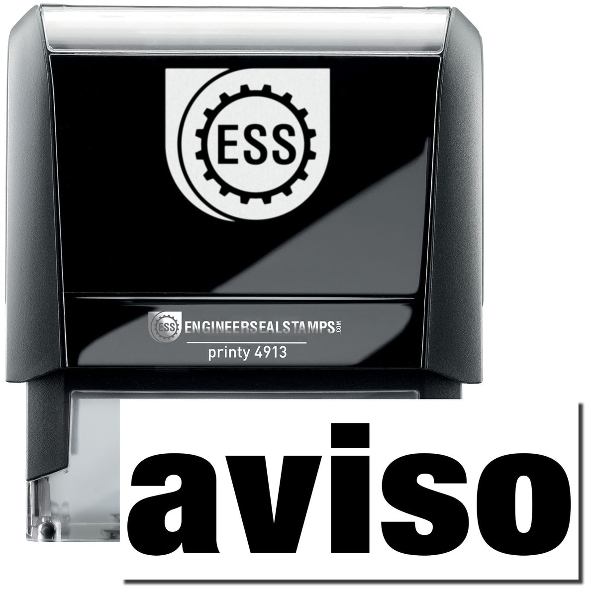 A self-inking stamp with a stamped image showing how the text &quot;aviso&quot; in a large font is displayed by it after stamping.
