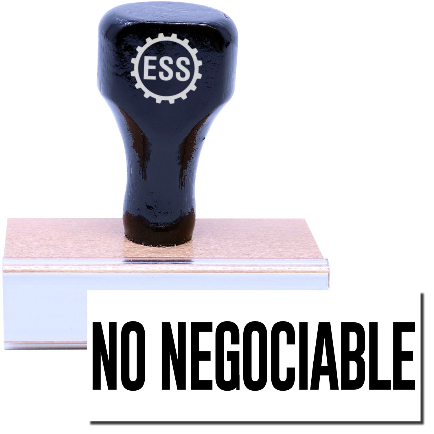 A stock office rubber stamp with a stamped image showing how the text "NO NEGOCIABLE" in a large font is displayed after stamping.