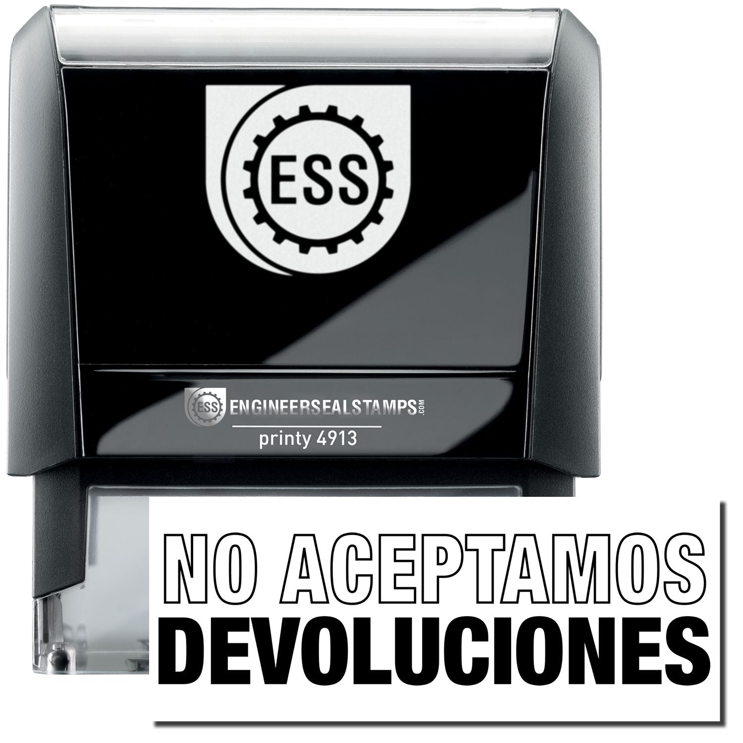 A self-inking stamp with a stamped image showing how the text NO ACEPTAMOS DEVOLUCIONS in a large font ( NO ACEPTAMOS in outline font; DEVOLUCIONS in bold font) is displayed by it after stamping.