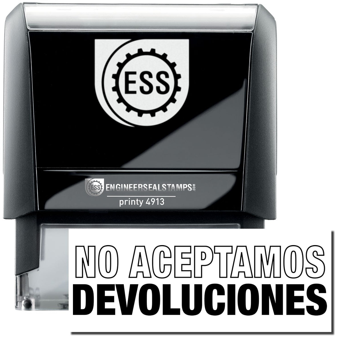 A self-inking stamp with a stamped image showing how the text &quot;NO ACEPTAMOS DEVOLUCIONS&quot; in a large font (&quot;NO ACEPTAMOS&quot; in outline font; &quot;DEVOLUCIONS&quot; in bold font) is displayed by it after stamping.