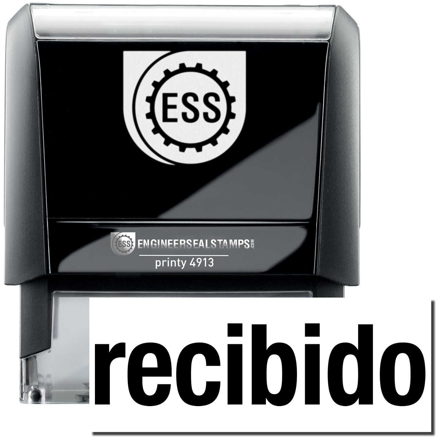 A self-inking stamp with a stamped image showing how the text recibido in a large bold font is displayed by it after stamping.