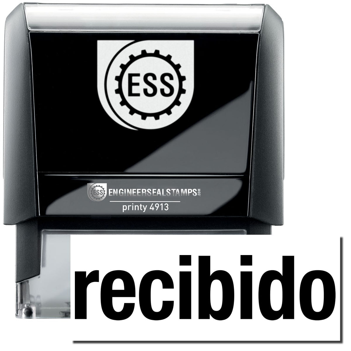 A self-inking stamp with a stamped image showing how the text &quot;recibido&quot; in a large bold font is displayed by it after stamping.