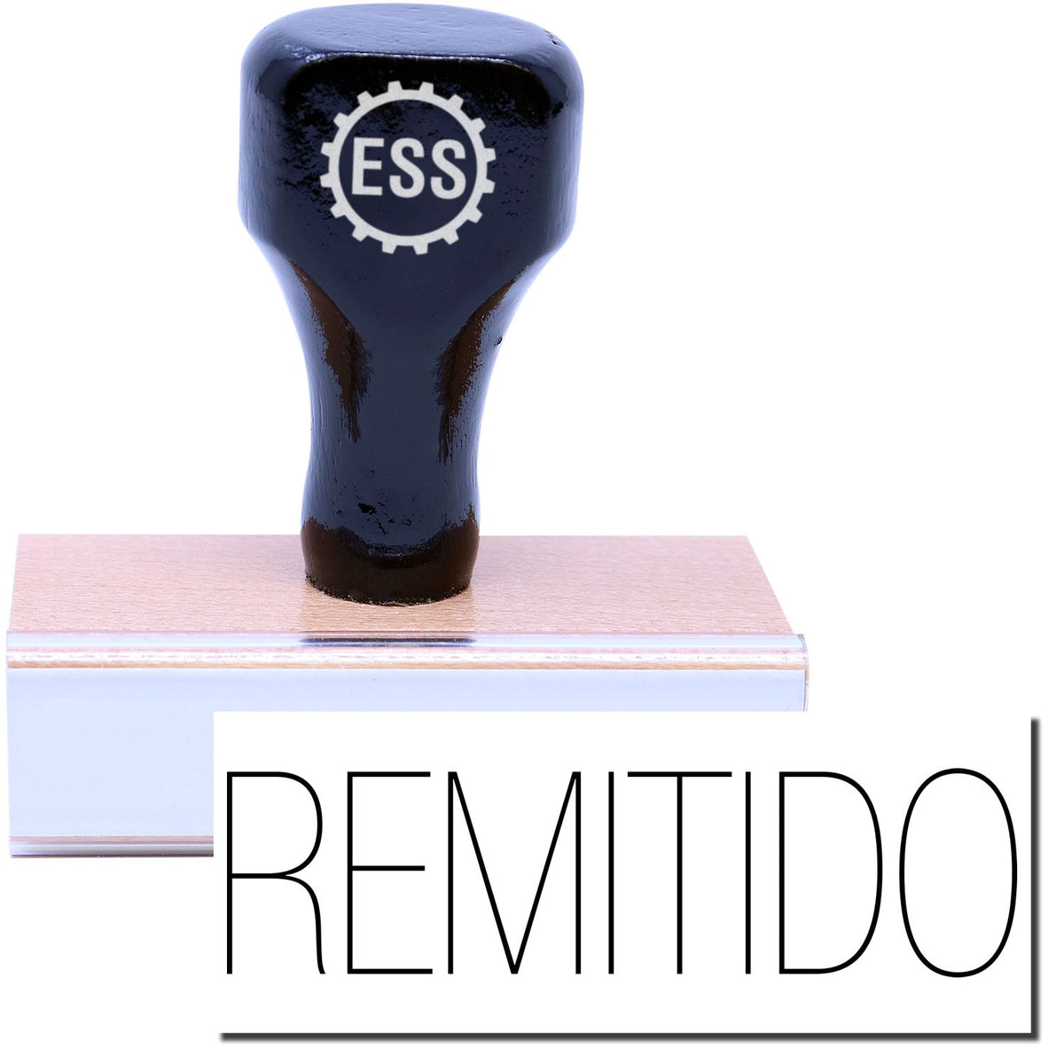 A stock office rubber stamp with a stamped image showing how the text &quot;REMITIDO&quot; in a large font is displayed after stamping.