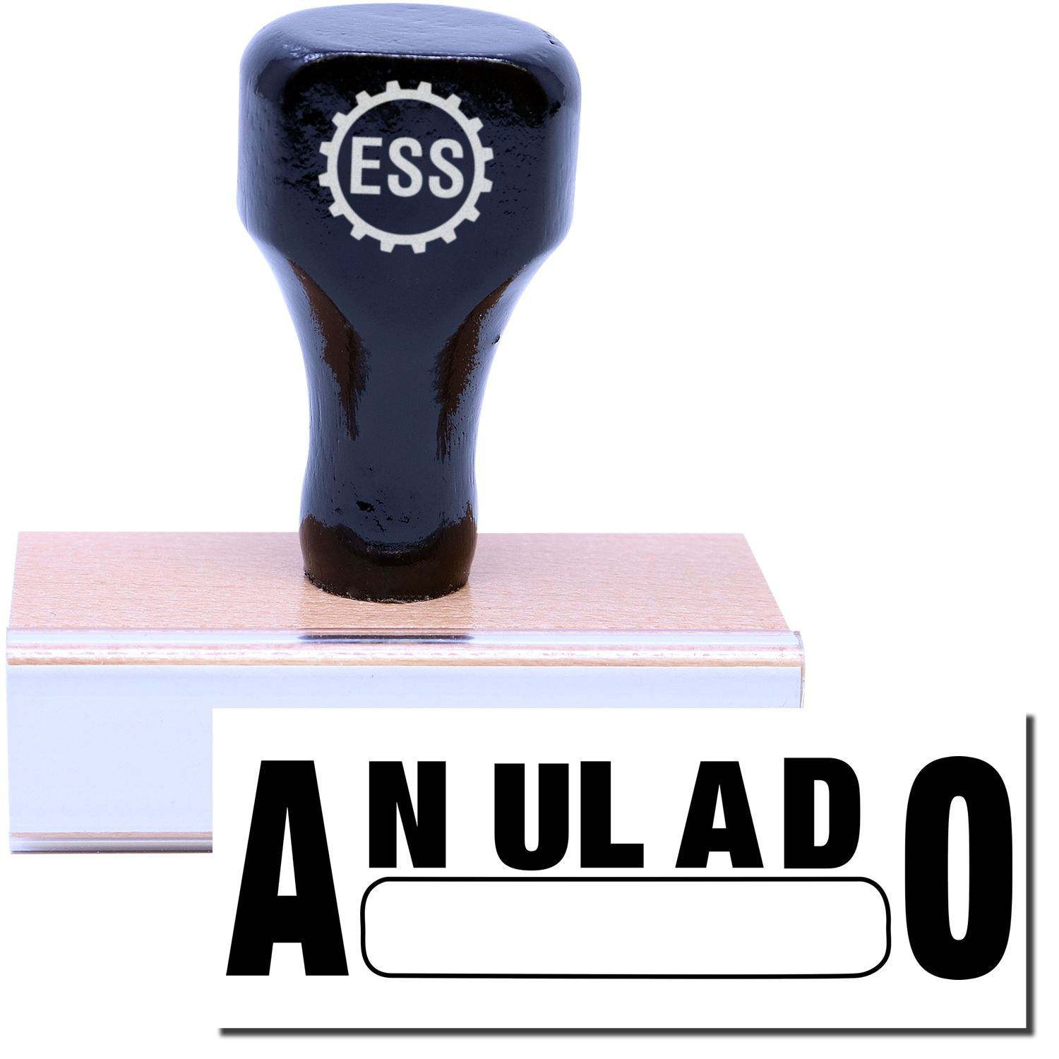 A stock office rubber stamp with a stamped image showing how the text ANULADO in a large font with a box is displayed after stamping.