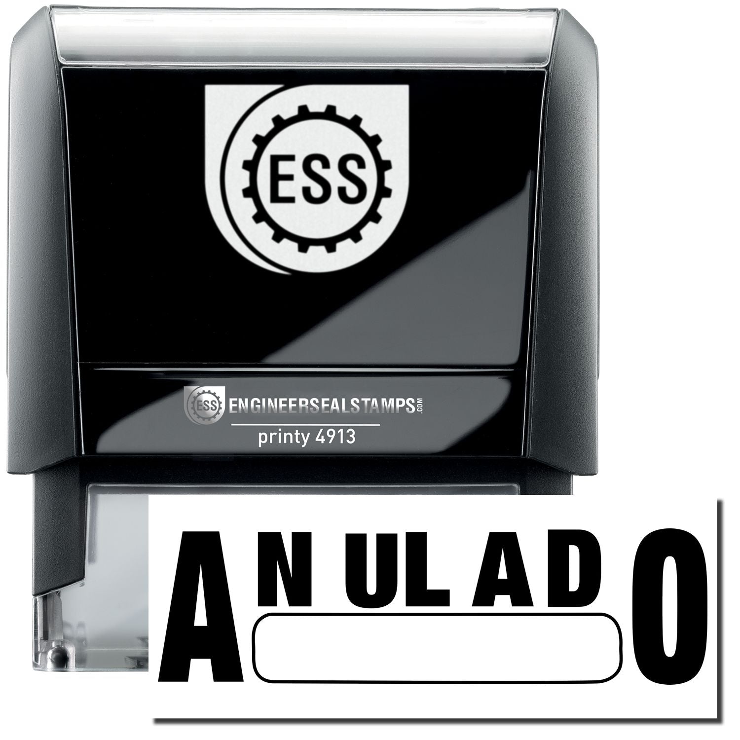 A self-inking stamp with a stamped image showing how the text ANULADO in a large font with a Box under it is displayed after stamping.