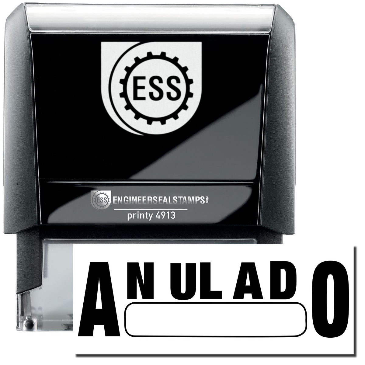 A self-inking stamp with a stamped image showing how the text &quot;ANULADO&quot; in a large font with a Box under it is displayed after stamping.