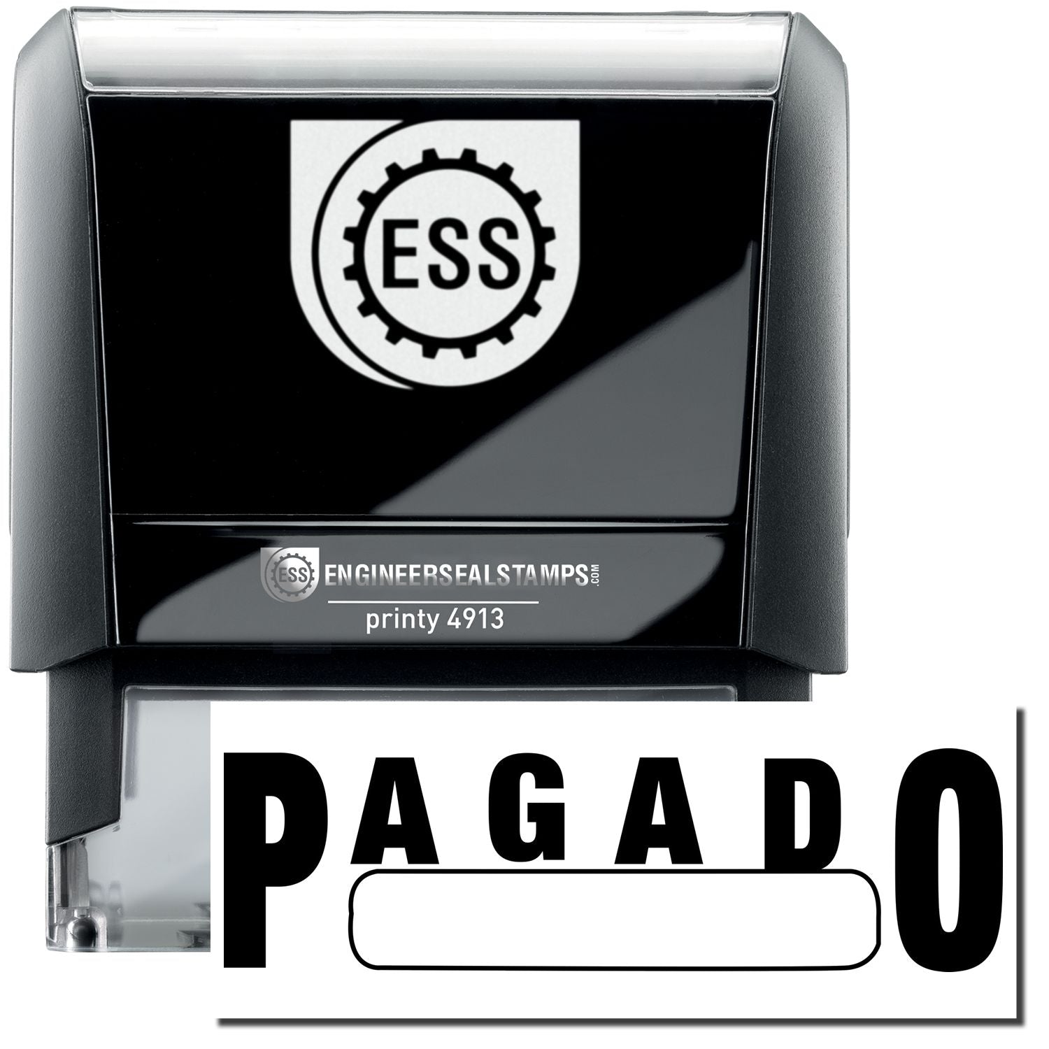 A self-inking stamp with a stamped image showing how the text PAGADO in a large font with a Box under it is displayed after stamping.