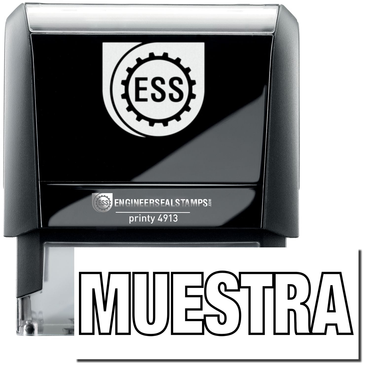 A self-inking stamp with a stamped image showing how the text MUESTRA in a large outline style is displayed by it after stamping.