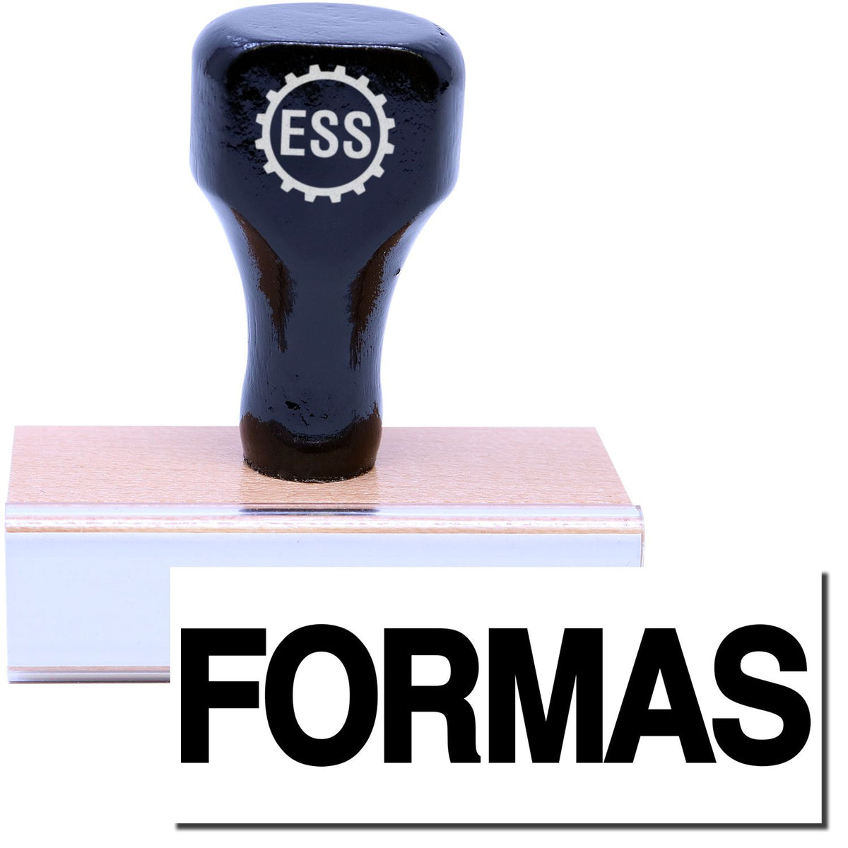 A stock office rubber stamp with a stamped image showing how the text &quot;FORMAS&quot; in a large font is displayed after stamping.