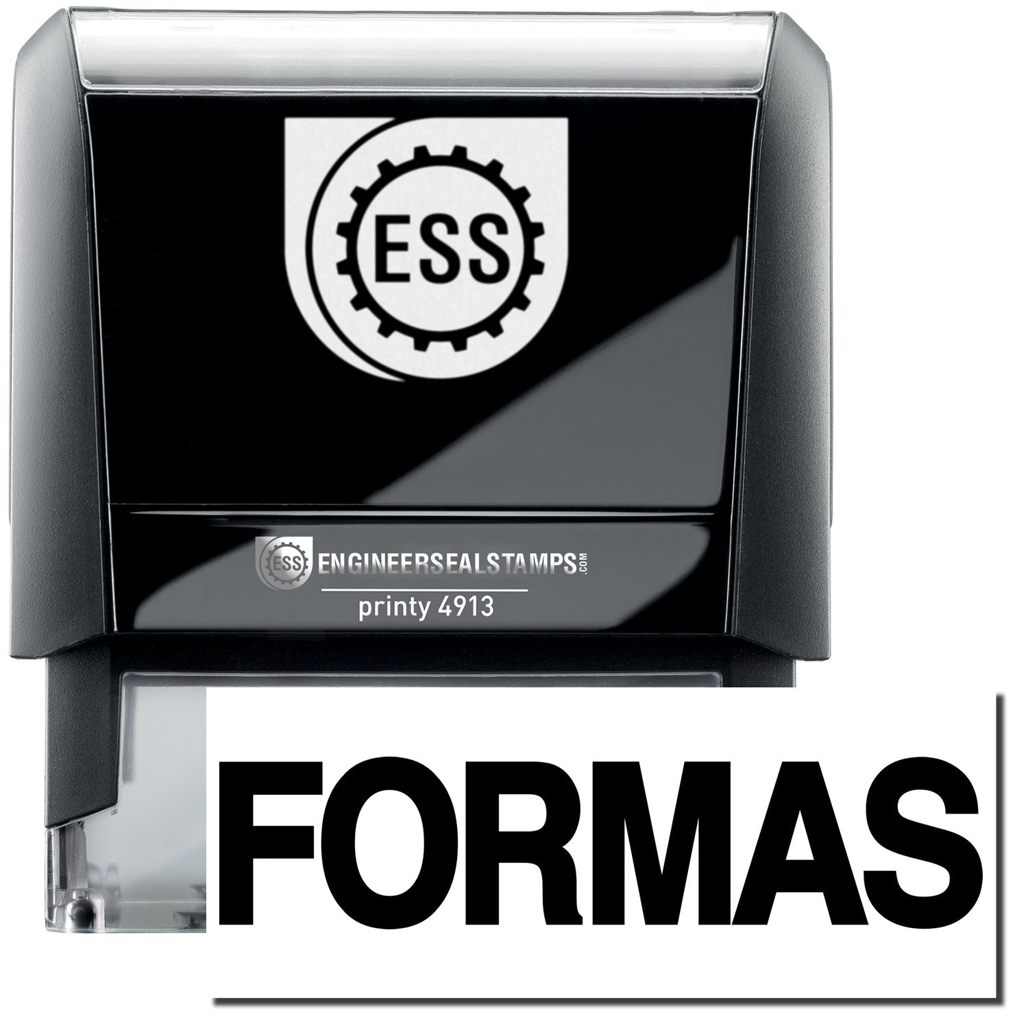 A self-inking stamp with a stamped image showing how the text "FORMAS" in a large font is displayed by it after stamping.