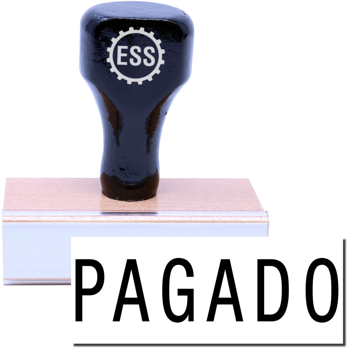 A stock office rubber stamp with a stamped image showing how the text &quot;PAGADO&quot; in a large font is displayed after stamping.