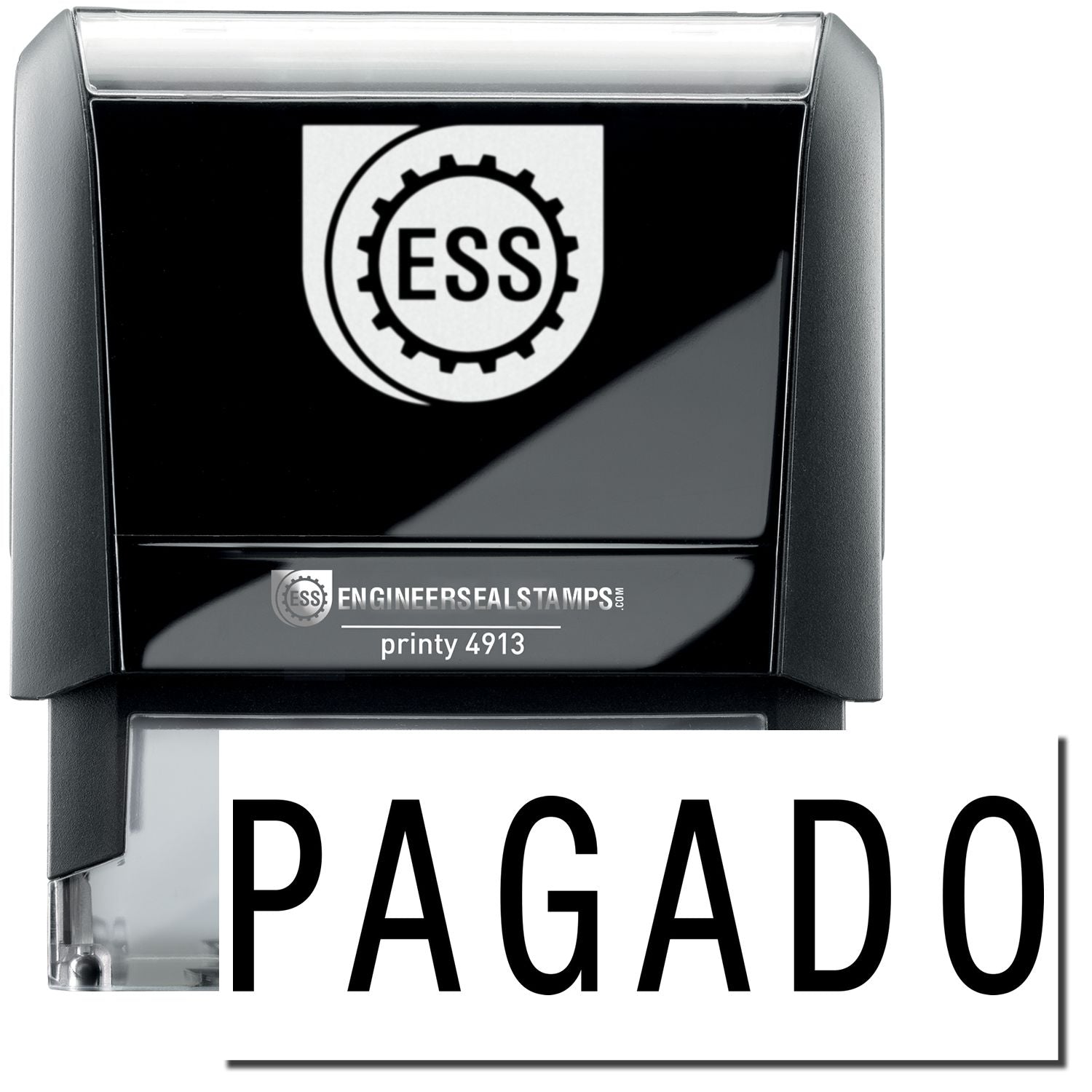 A self-inking stamp with a stamped image showing how the text PAGADO in a large font is displayed by it after stamping.