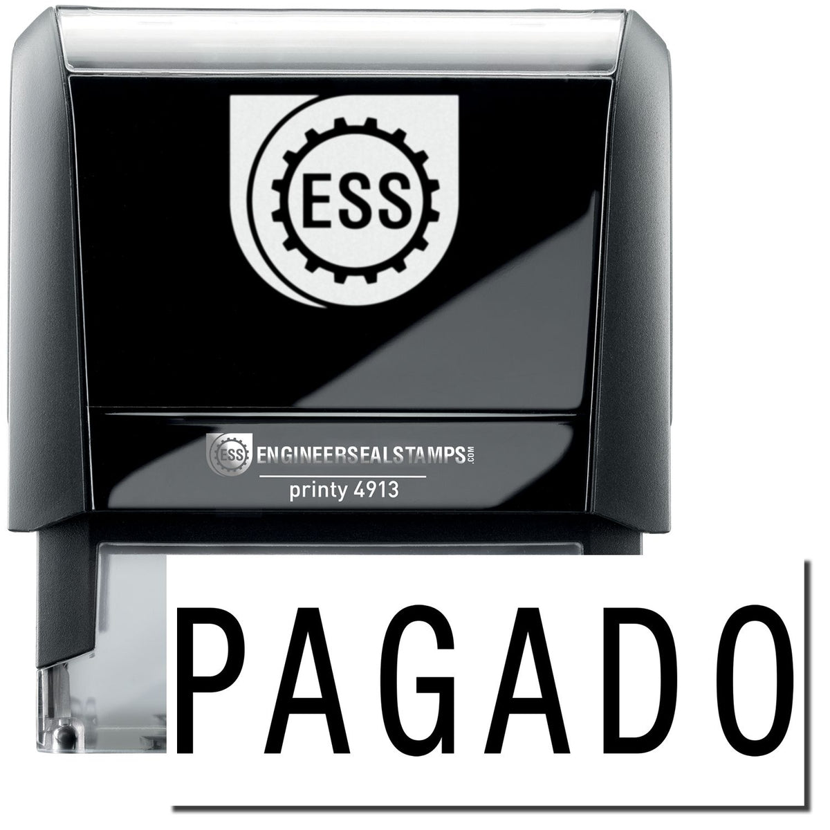 A self-inking stamp with a stamped image showing how the text &quot;PAGADO&quot; in a large font is displayed by it after stamping.