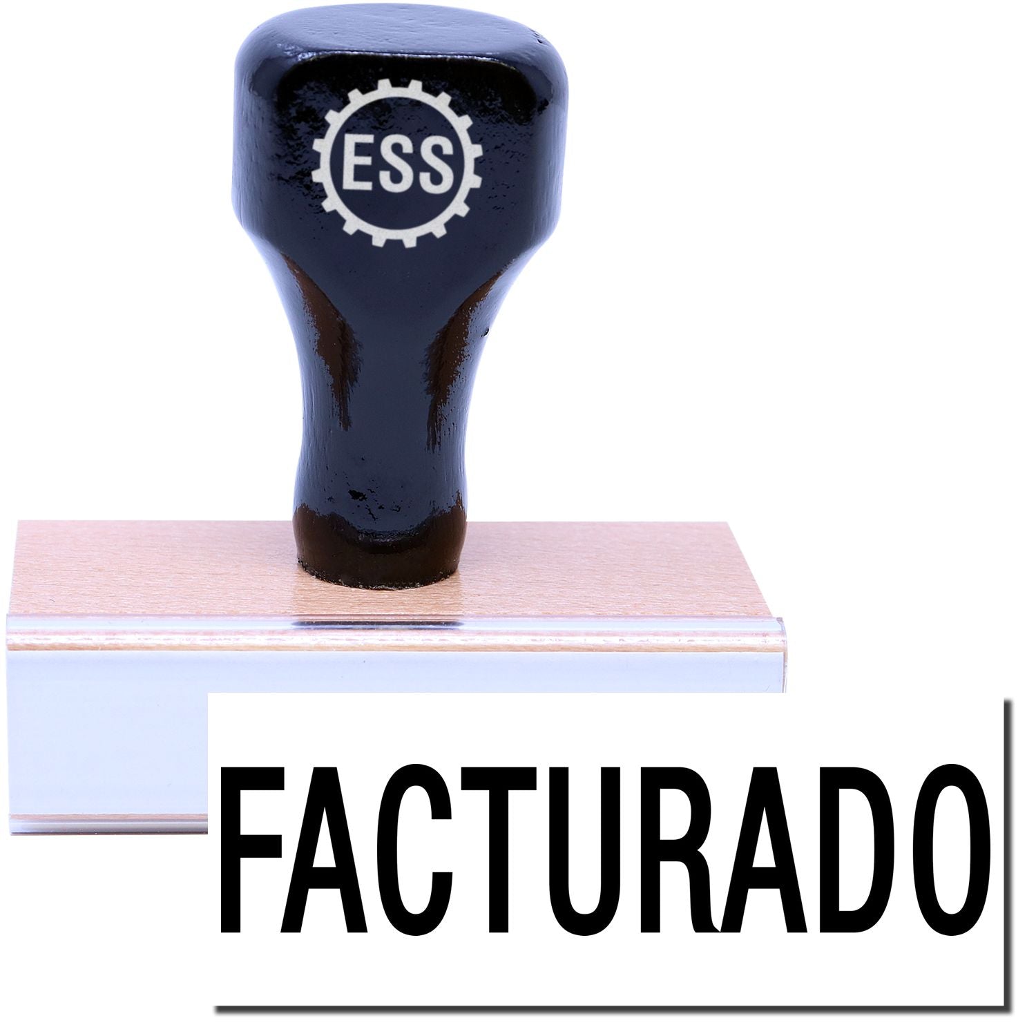 A stock office rubber stamp with a stamped image showing how the text FACTURADO in a large font is displayed after stamping.