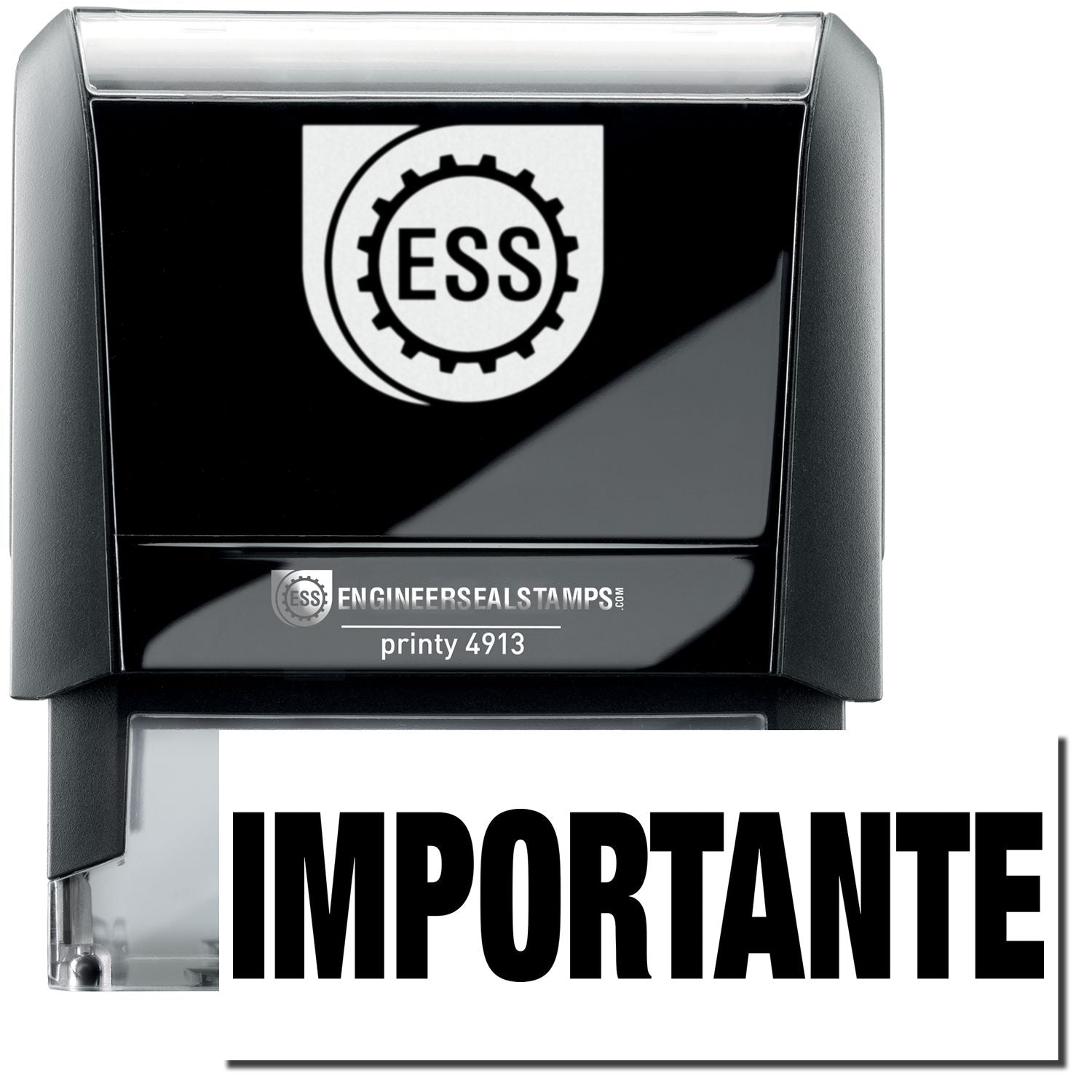 A self-inking stamp with a stamped image showing how the text "IMPORTANTE" in a large font is displayed by it after stamping.