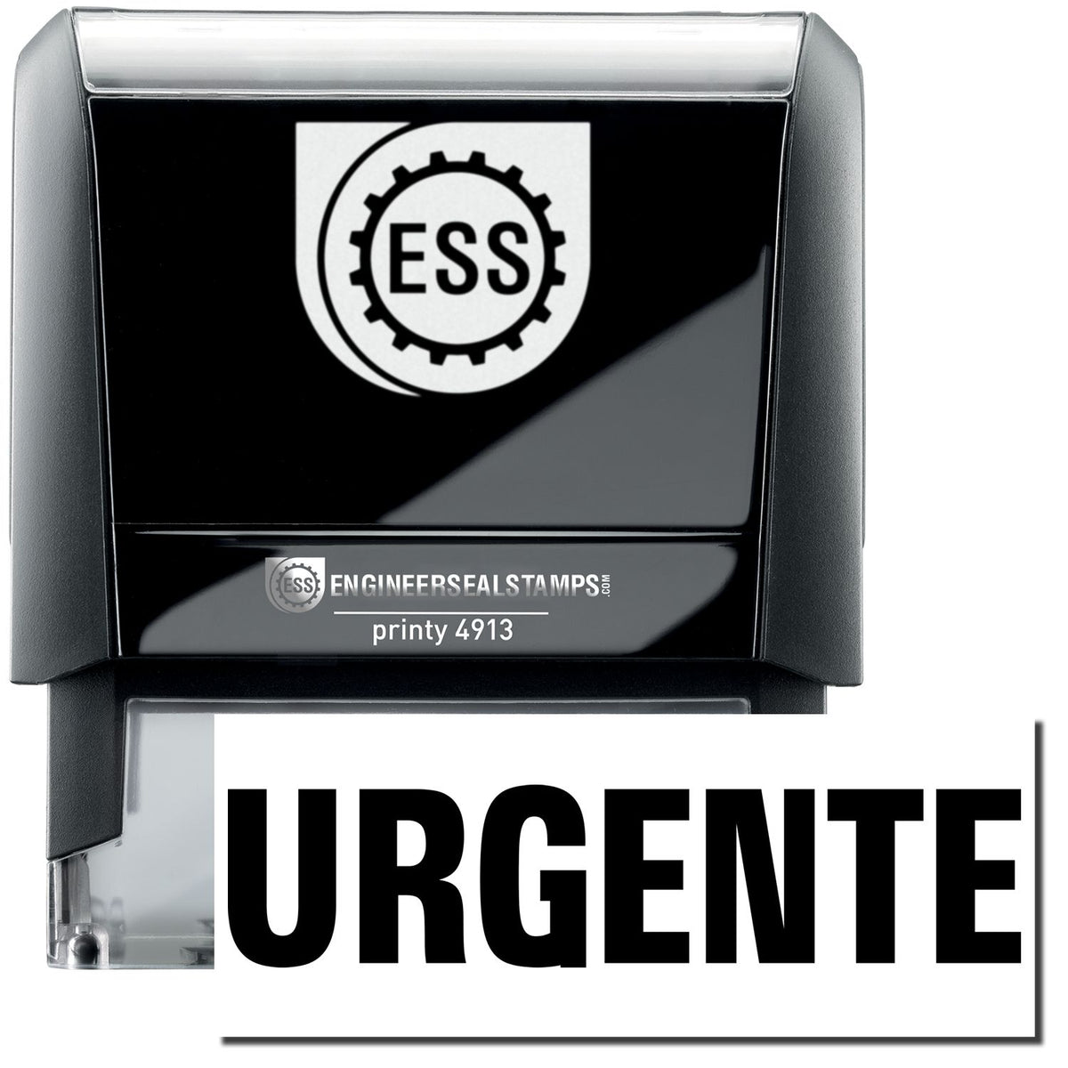 A self-inking stamp with a stamped image showing how the text &quot;URGENTE&quot; in a large font is displayed by it after stamping.