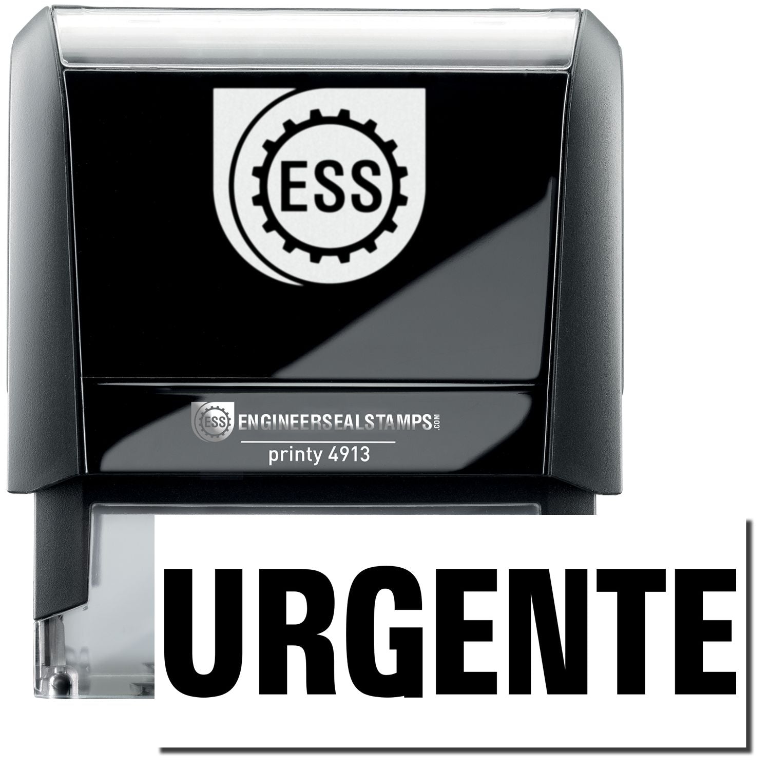 A self-inking stamp with a stamped image showing how the text "URGENTE" in a large font is displayed by it after stamping.