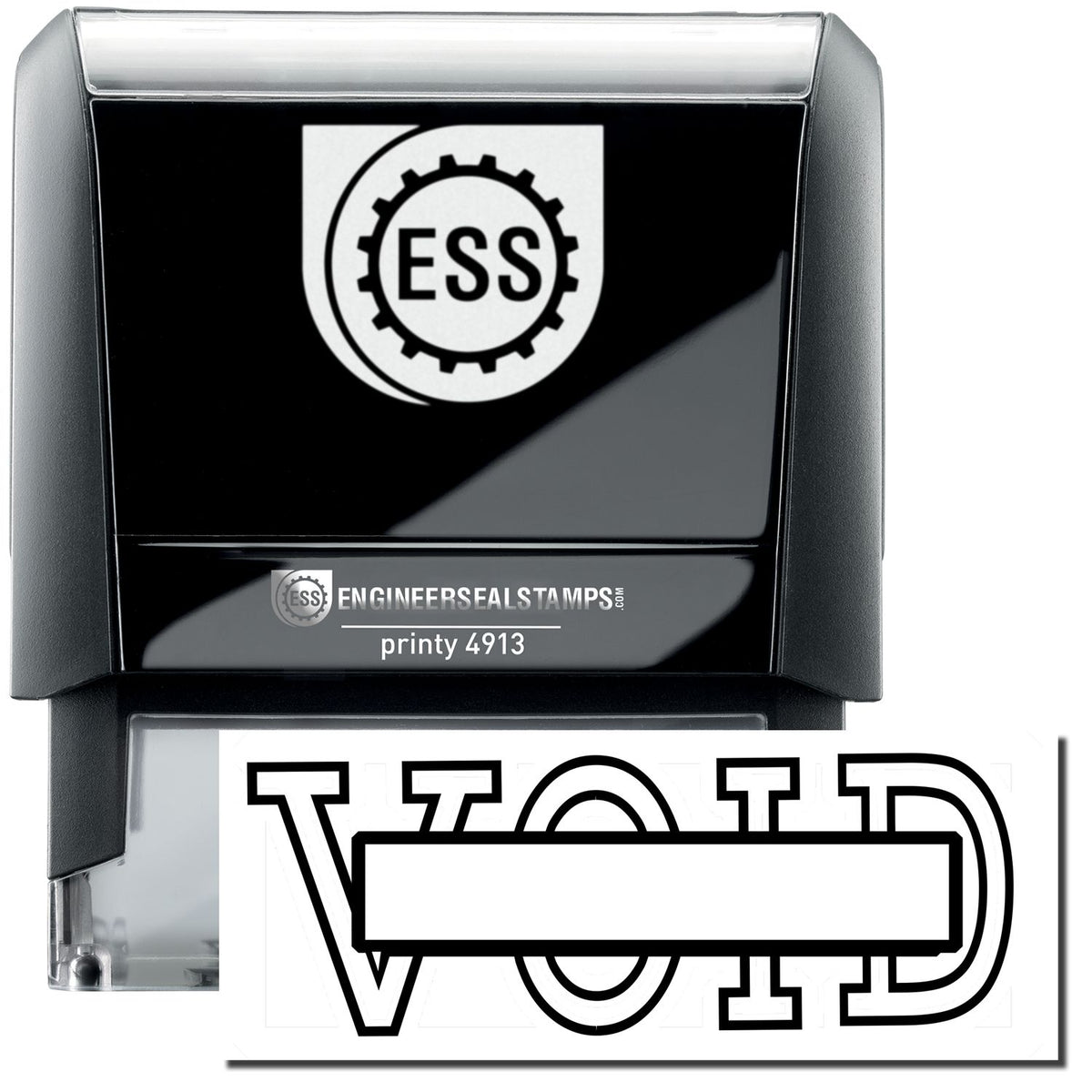 A self-inking stamp with a stamped image showing how the text &quot;VOID&quot; in a large outline style with a box on it is displayed after stamping.