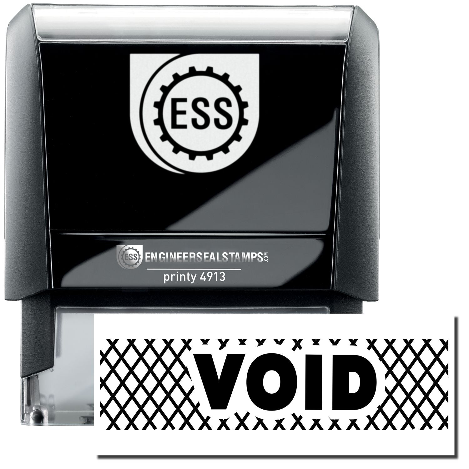 A self-inking stamp with a stamped image showing how the text VOID in a large font with Strikelines all around the text is displayed after stamping.