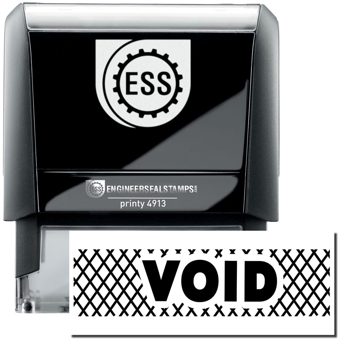 A self-inking stamp with a stamped image showing how the text &quot;VOID&quot; in a large font with Strikelines all around the text is displayed after stamping.