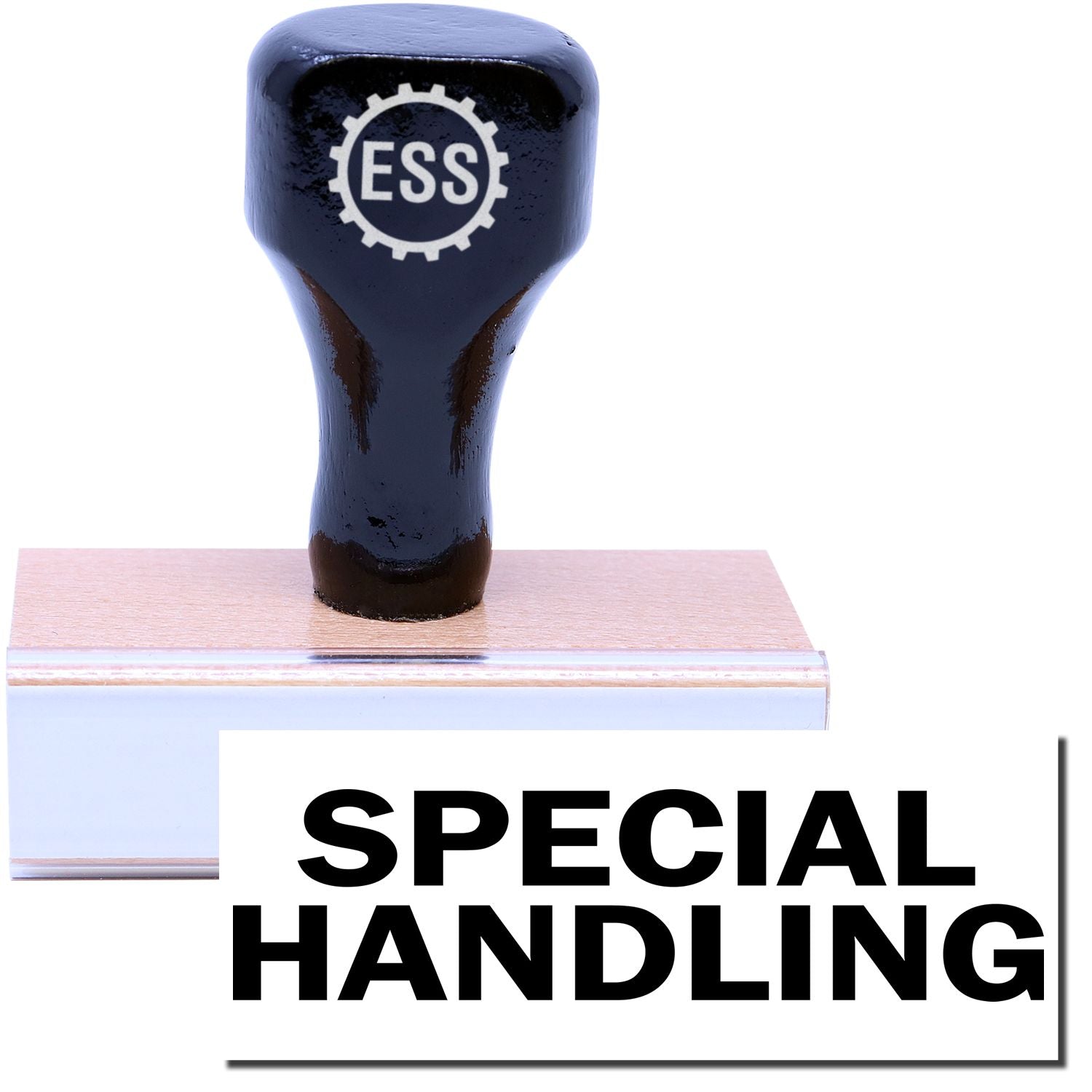 A stock office rubber stamp with a stamped image showing how the text "SPECIAL HANDLING" in a large font is displayed after stamping.