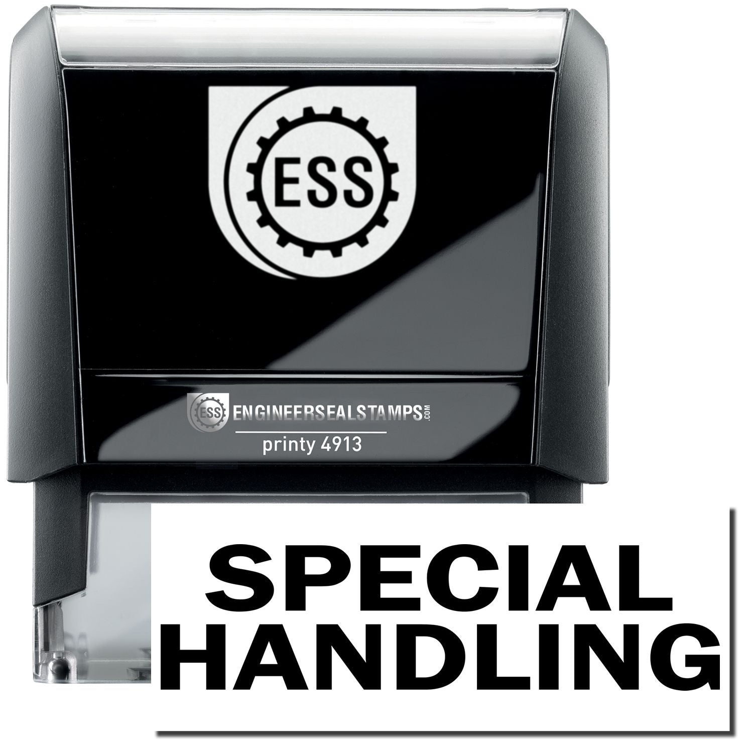 A self-inking stamp with a stamped image showing how the text SPECIAL HANDLING in a large font is displayed by it after stamping.