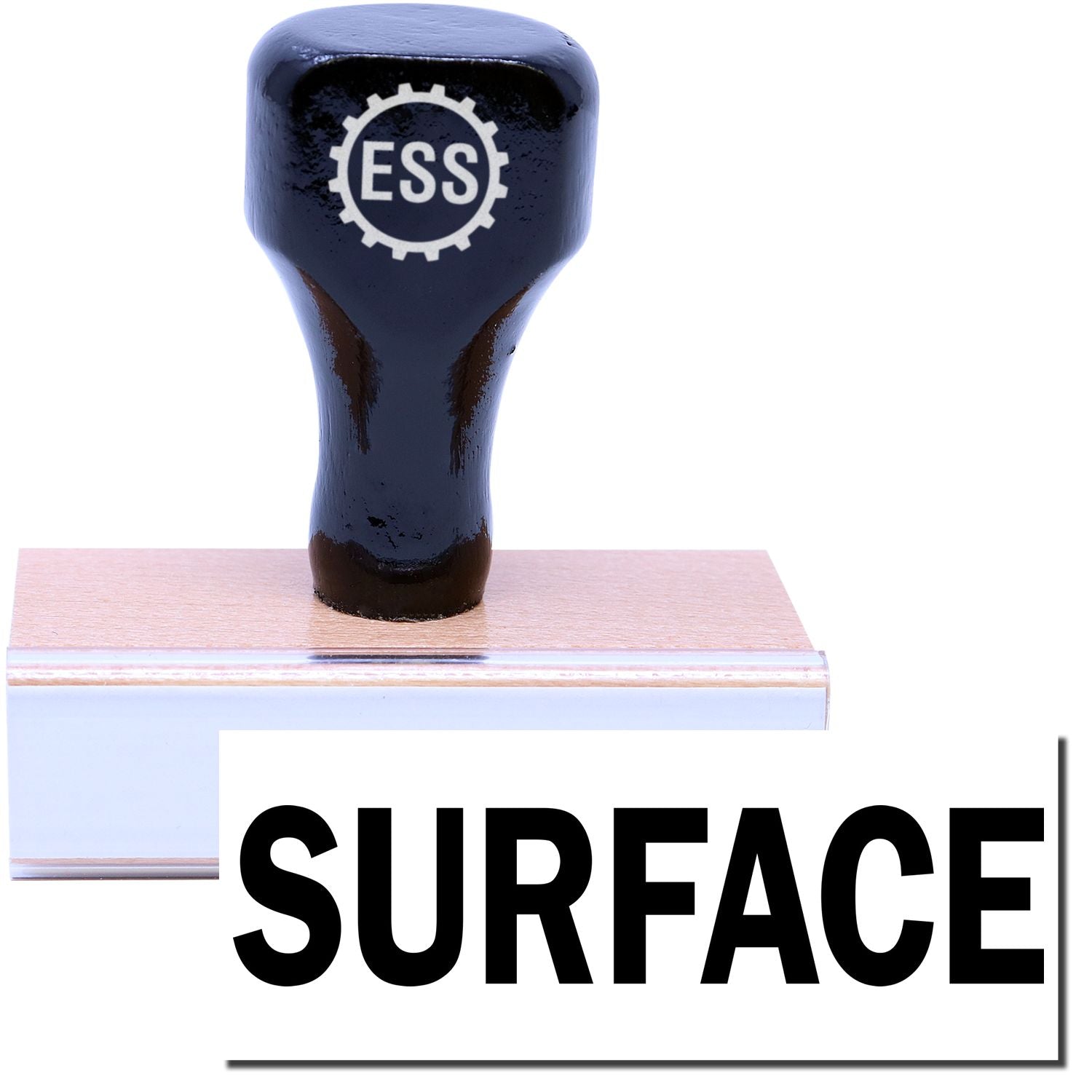 A stock office rubber stamp with a stamped image showing how the text "SURFACE" in a large font is displayed after stamping.