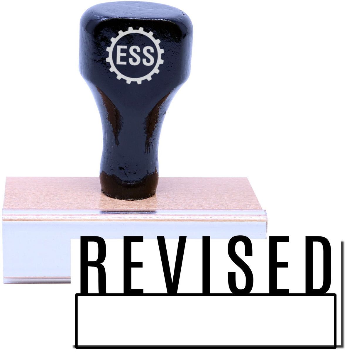 A stock office rubber stamp with a stamped image showing how the text &quot;REVISED&quot; in a large font with a box under the text is displayed after stamping.