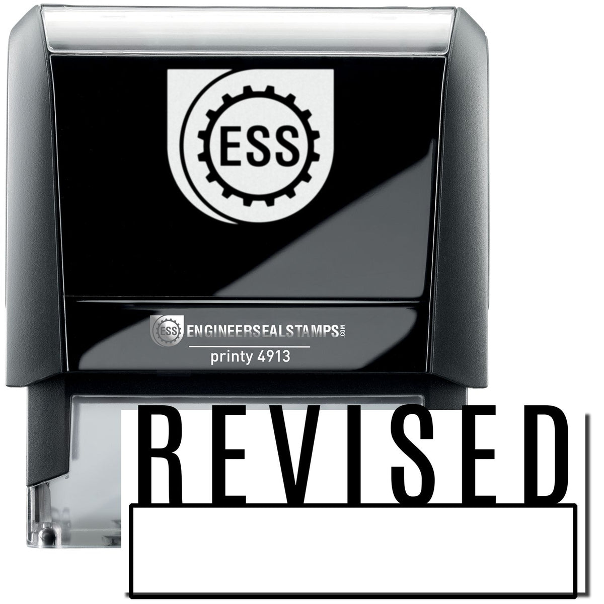 A self-inking stamp with a stamped image showing how the text &quot;REVISED&quot; in a large font with a Box under it is displayed after stamping.