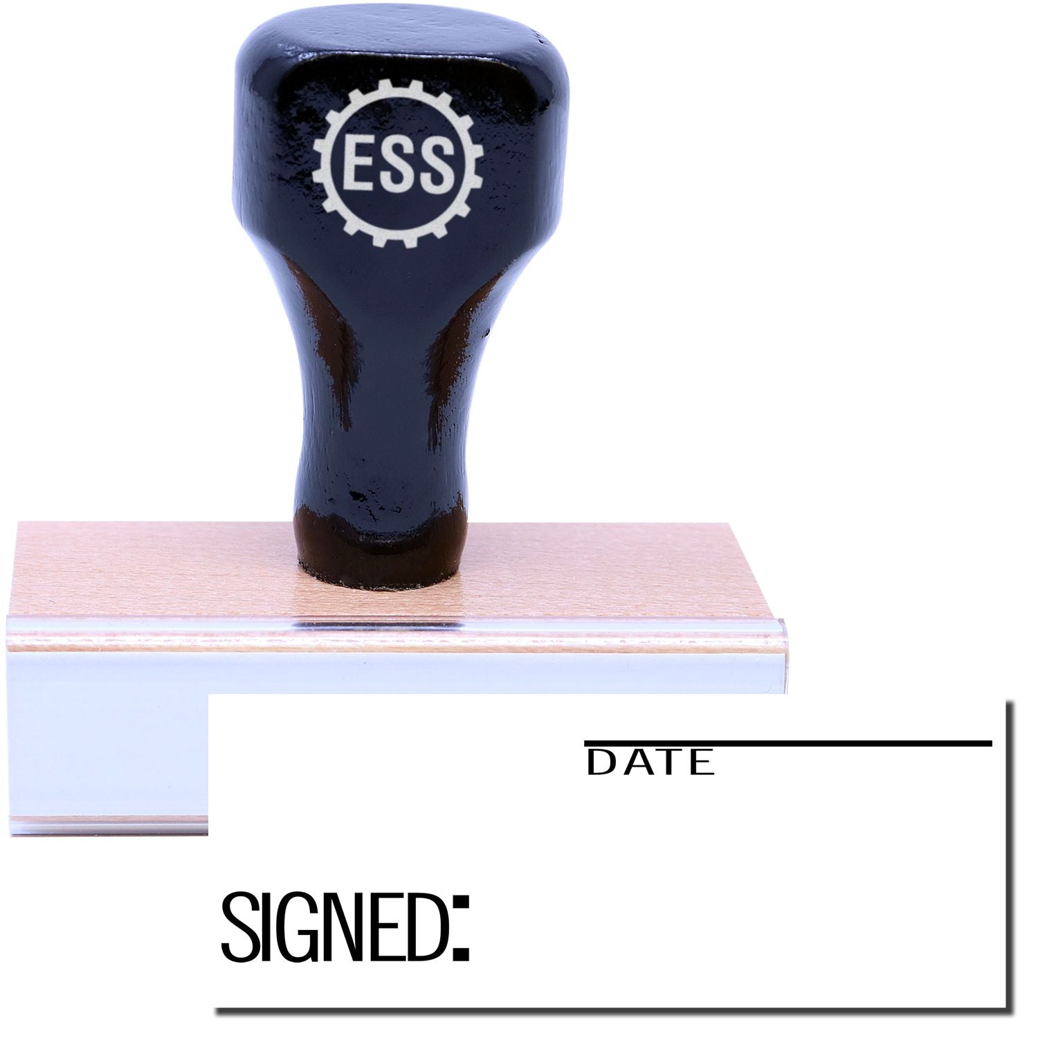 A stock office rubber stamp with a stamped image showing how the text "SIGNED:" (on the left bottom side) and "DATE" (on the right top side with a line above it) in a large font is displayed after stamping.