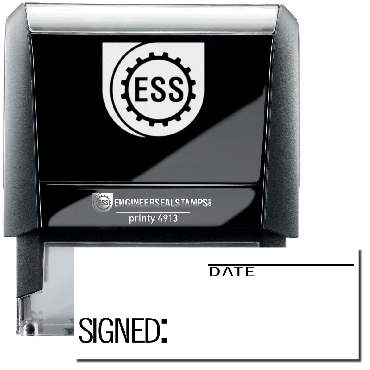 A self-inking stamp with a stamped image showing how the text &quot;SIGNED: DATE&quot; in a large font is displayed by it after stamping (where the word &quot;DATE&quot; is at the top right (with a sleeping line over it) and the word &quot;SIGNED&quot; (with a colon(:)) at the bottom left are shown).