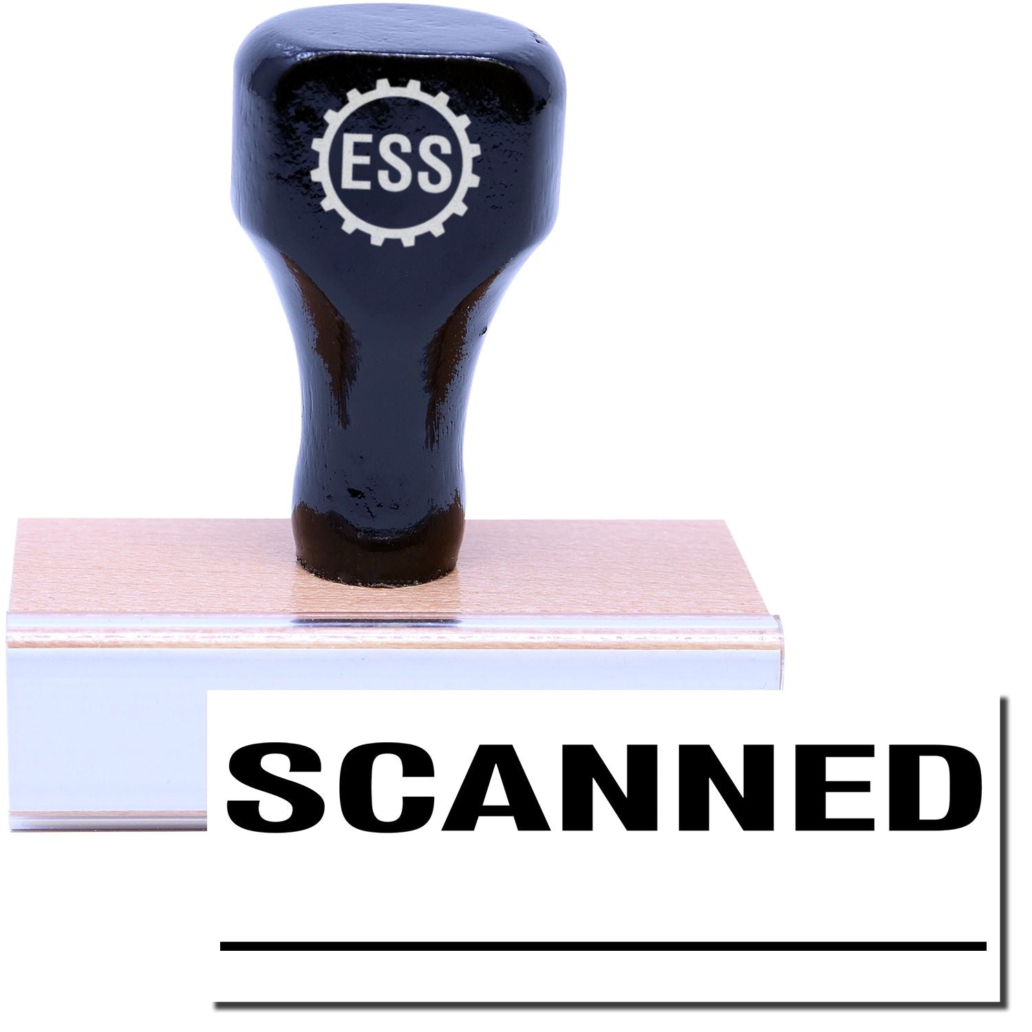 A stock office rubber stamp with a stamped image showing how the text "SCANNED" in a large font with a line underneath the text is displayed after stamping.