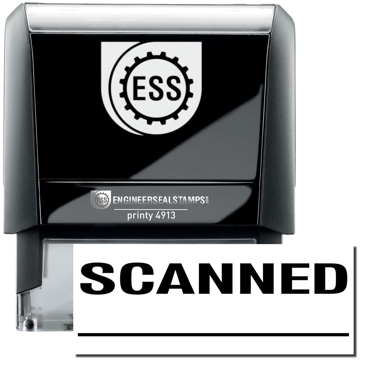 A self-inking stamp with a stamped image showing how the text &quot;SCANNED&quot; in a large font with a line under it is displayed after stamping.
