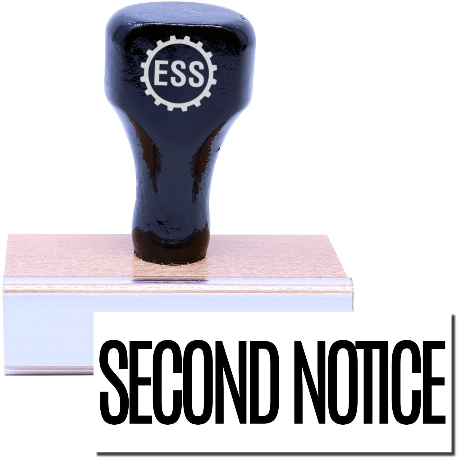 A stock office rubber stamp with a stamped image showing how the text SECOND NOTICE in a large narrow font is displayed after stamping.