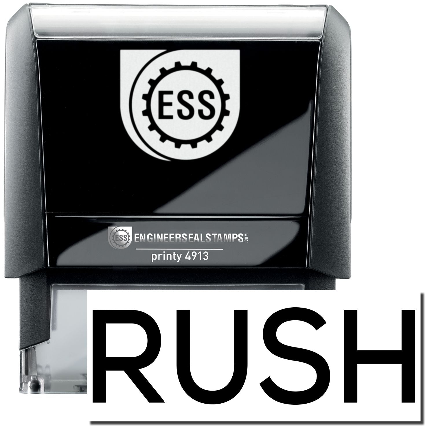 A self-inking stamp with a stamped image showing how the text RUSH in a large skinny font is displayed by it after stamping.