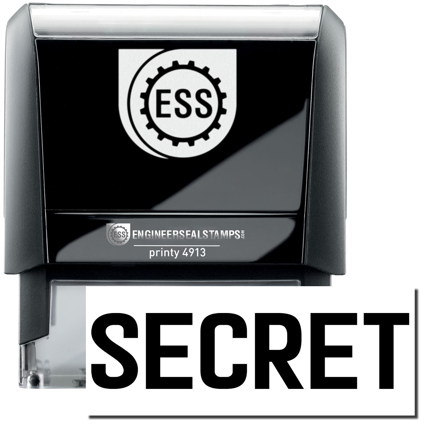 A self-inking stamp with a stamped image showing how the text SECRET in a large font is displayed by it after stamping.