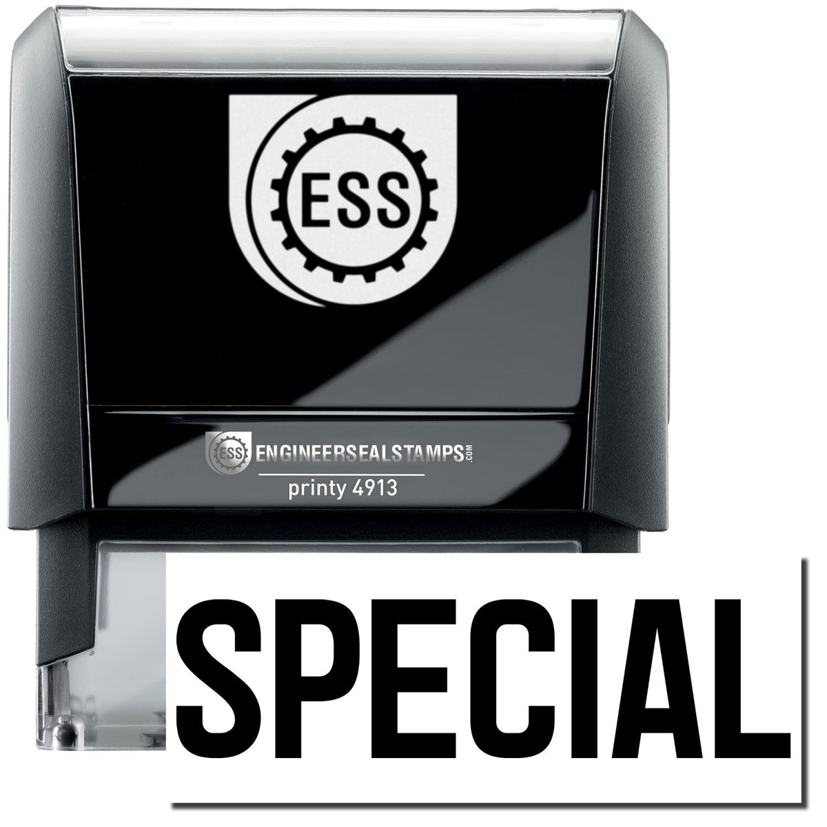 A self-inking stamp with a stamped image showing how the text &quot;SPECIAL&quot; in a large font is displayed by it after stamping.