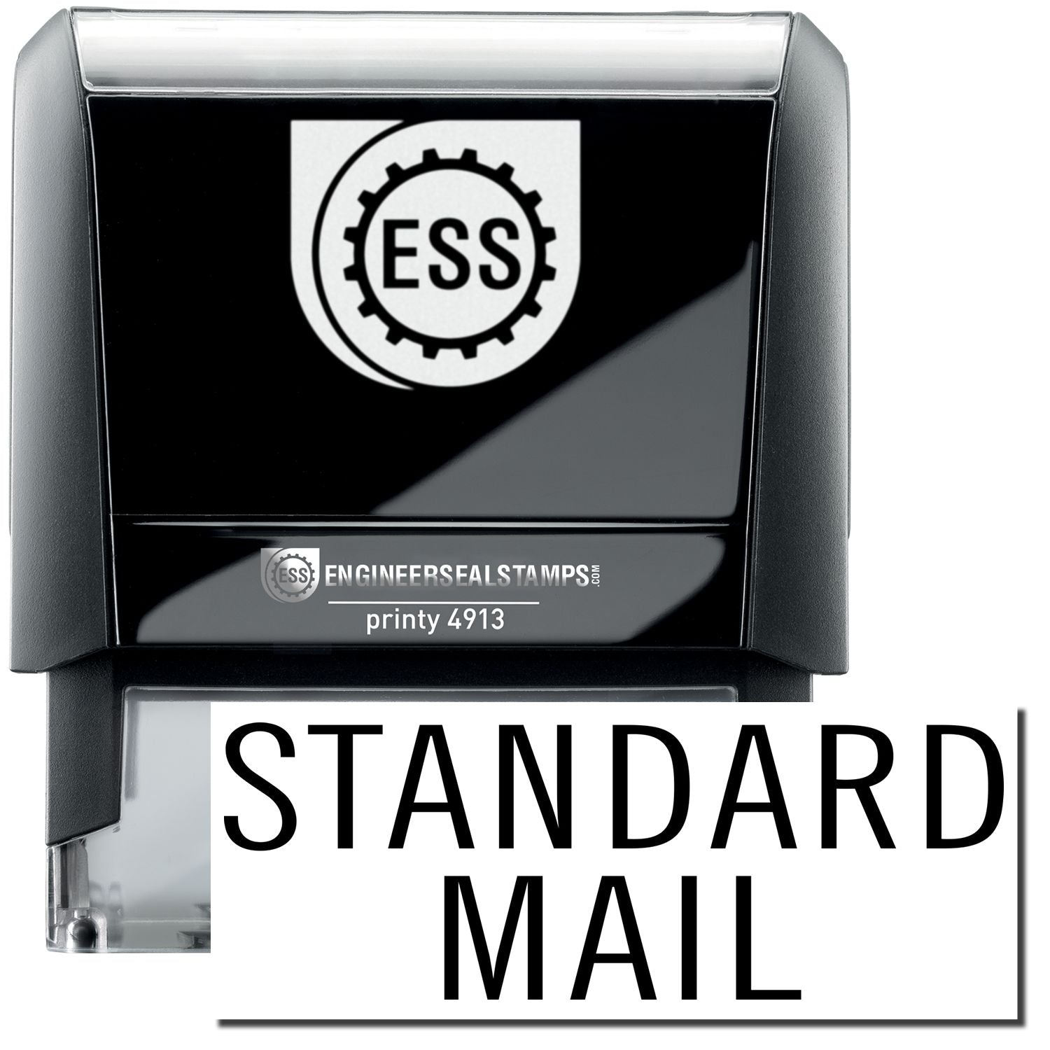 A self-inking stamp with a stamped image showing how the text STANDARD MAIL in a large stacked font is displayed by it after stamping.