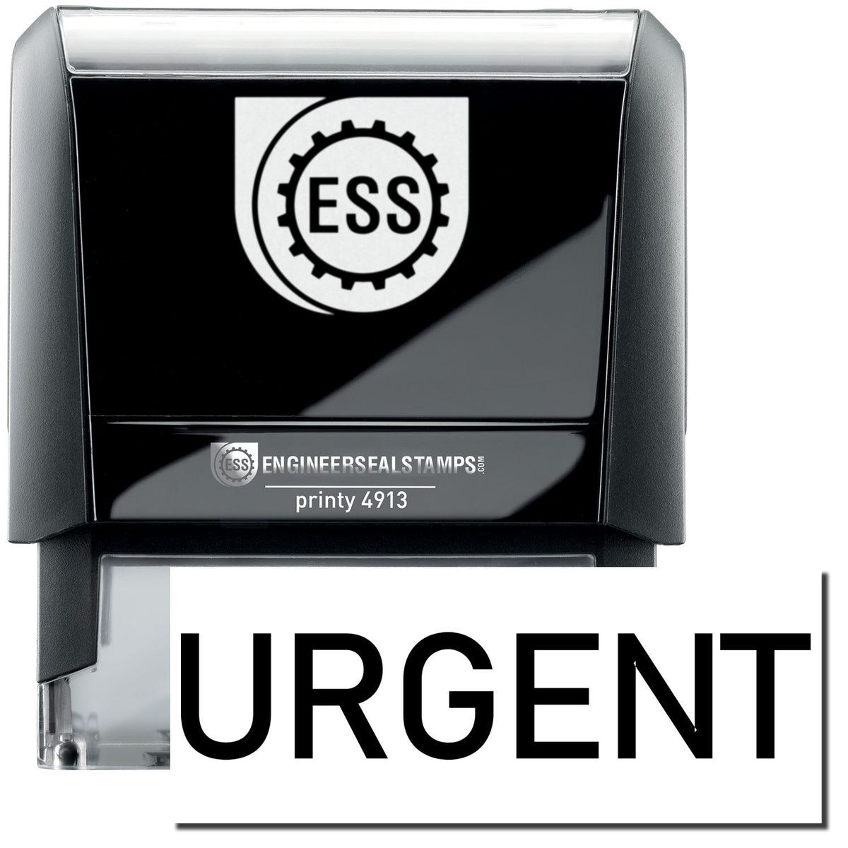 A self-inking stamp with a stamped image showing how the text &quot;URGENT&quot; in a large narrow font is displayed by it after stamping.
