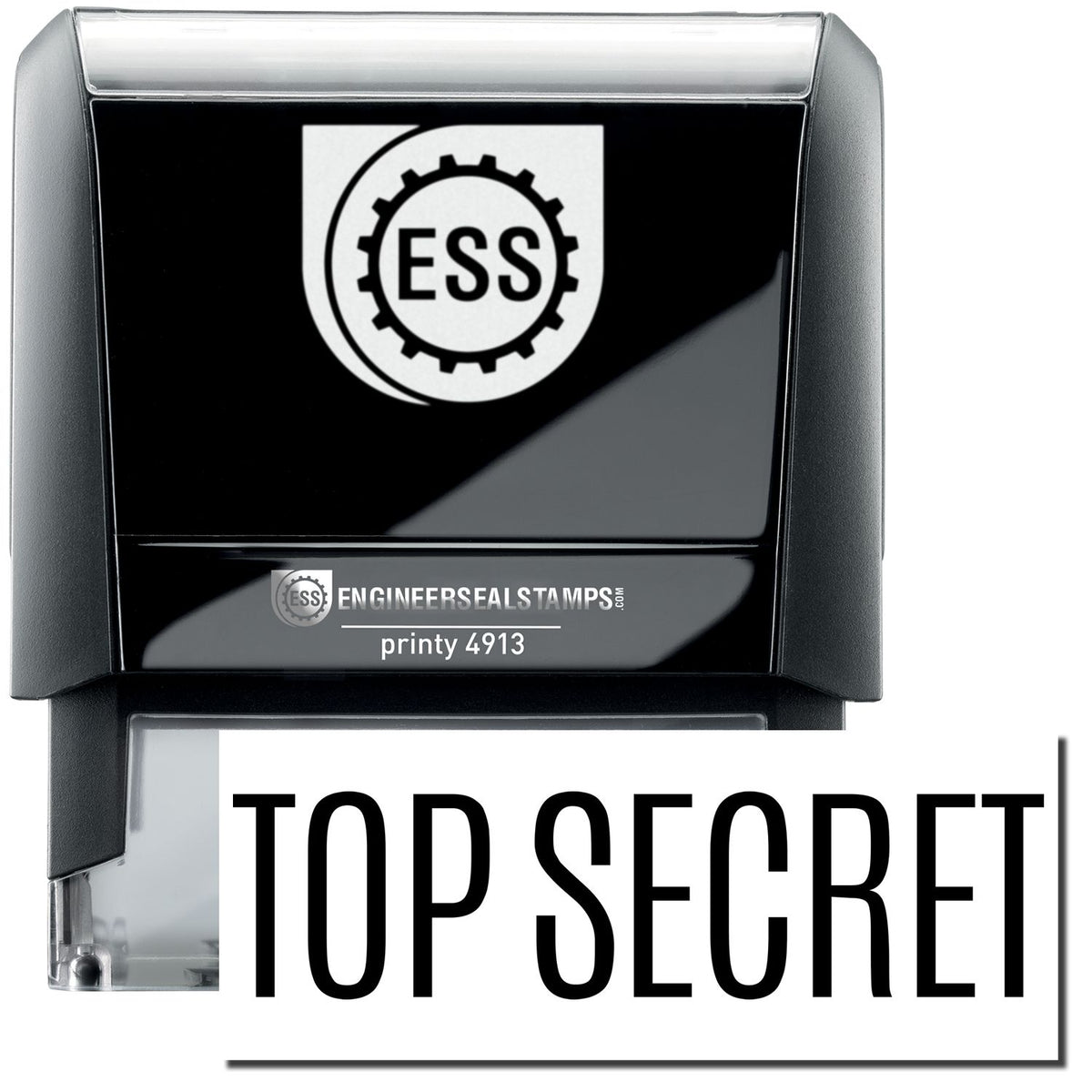 A self-inking stamp with a stamped image showing how the text &quot;TOP SECRET&quot; in a large font is displayed by it after stamping.